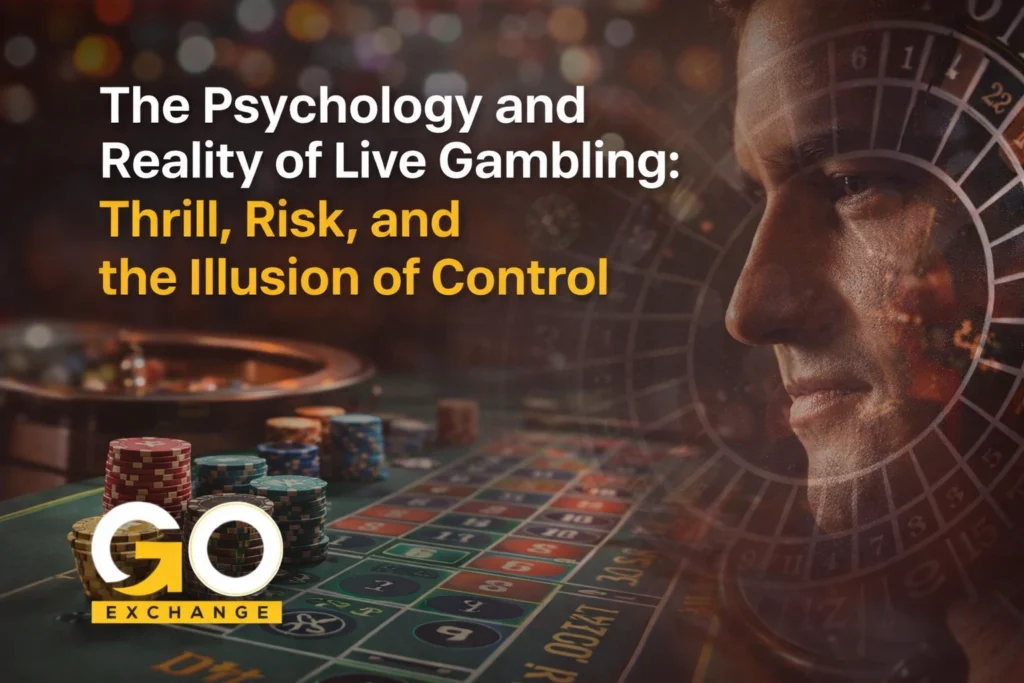 Live gambling psychology showing thrill risk and illusion of control with GoExchange logo